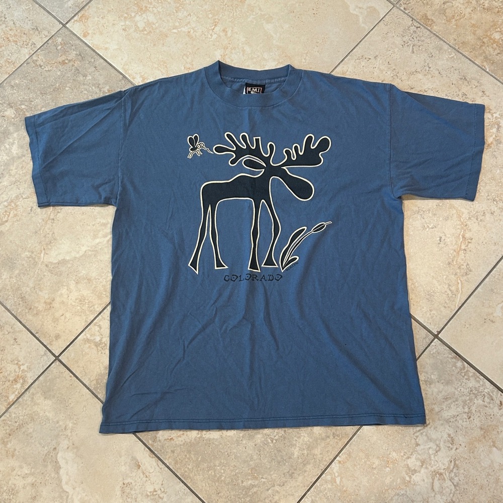 Vintage EMI Colorado Moose Shirt Mens XL Blue Mosquito Cotton Single Stitch USA